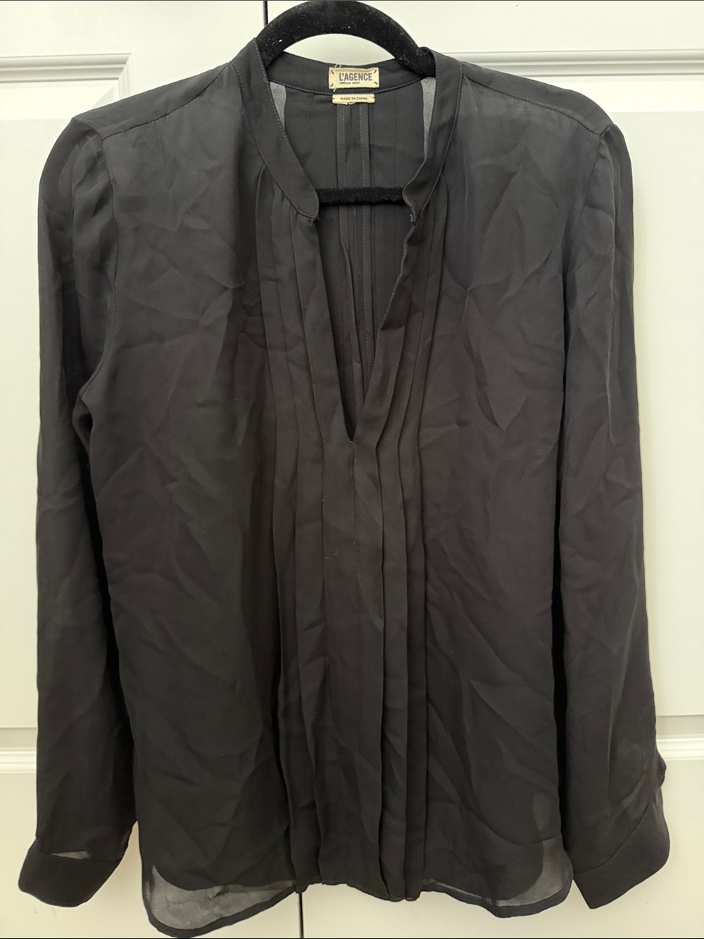 L'AGENCE Black Pleated Silk V-Neck Blouse